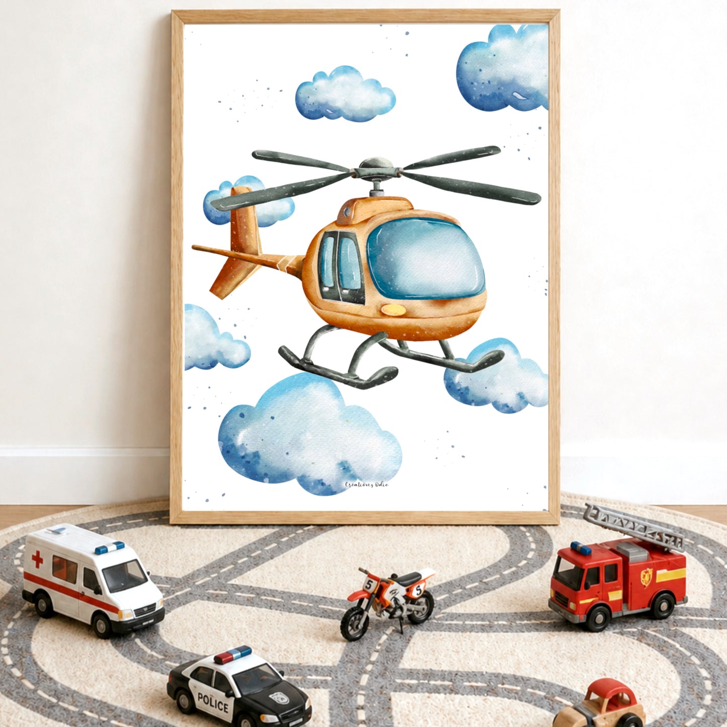 Affiche personnalisée pour enfant avec illustration d’hélicoptère pour décoration de chambre