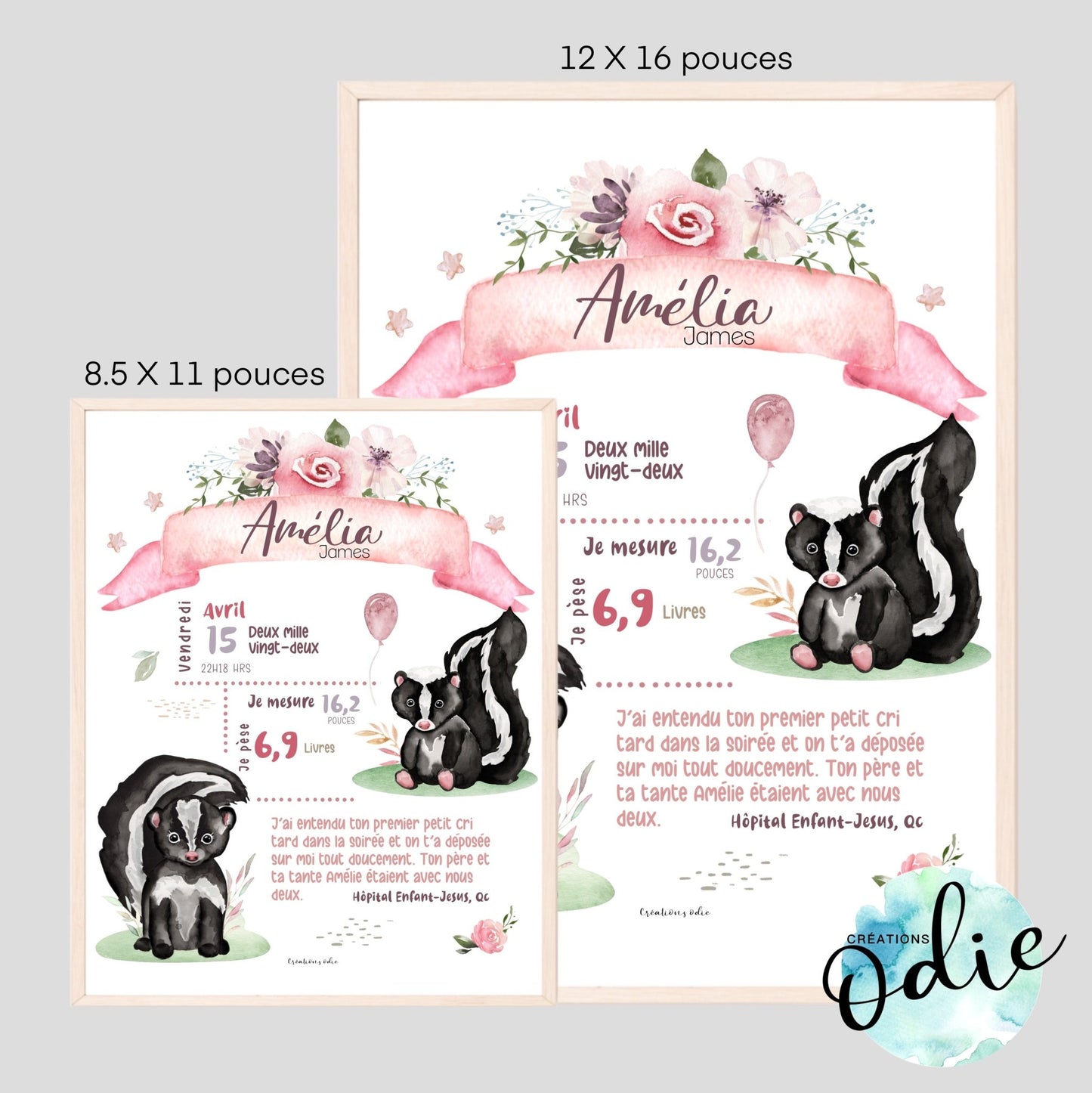 Affiche de naissance - Thème adorables mouffettes - Bébés et tout-petits - Créations Odie
