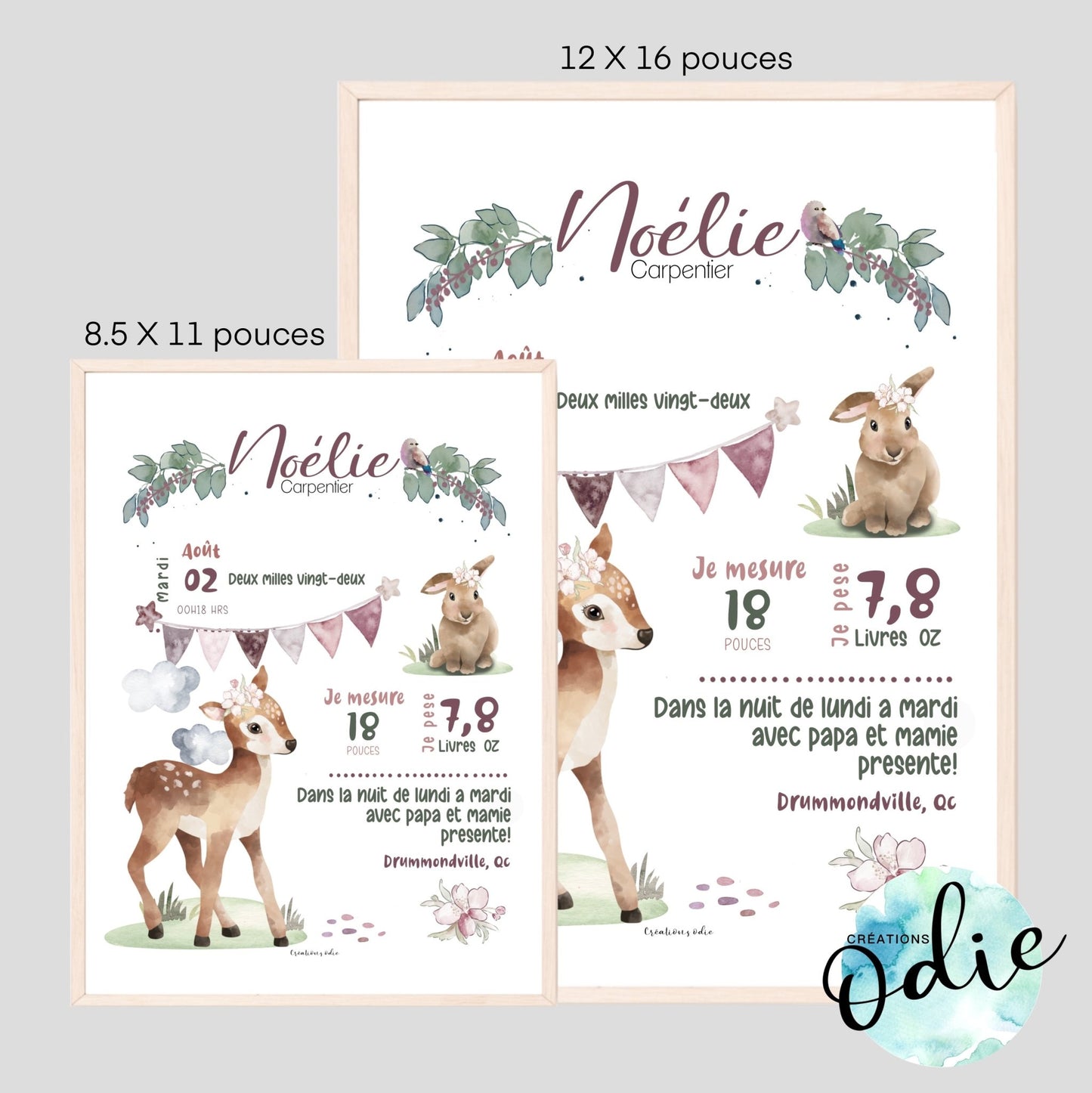 Affiche de naissance - Thème chevreuil & lapin - Bébés et tout-petits - Créations Odie