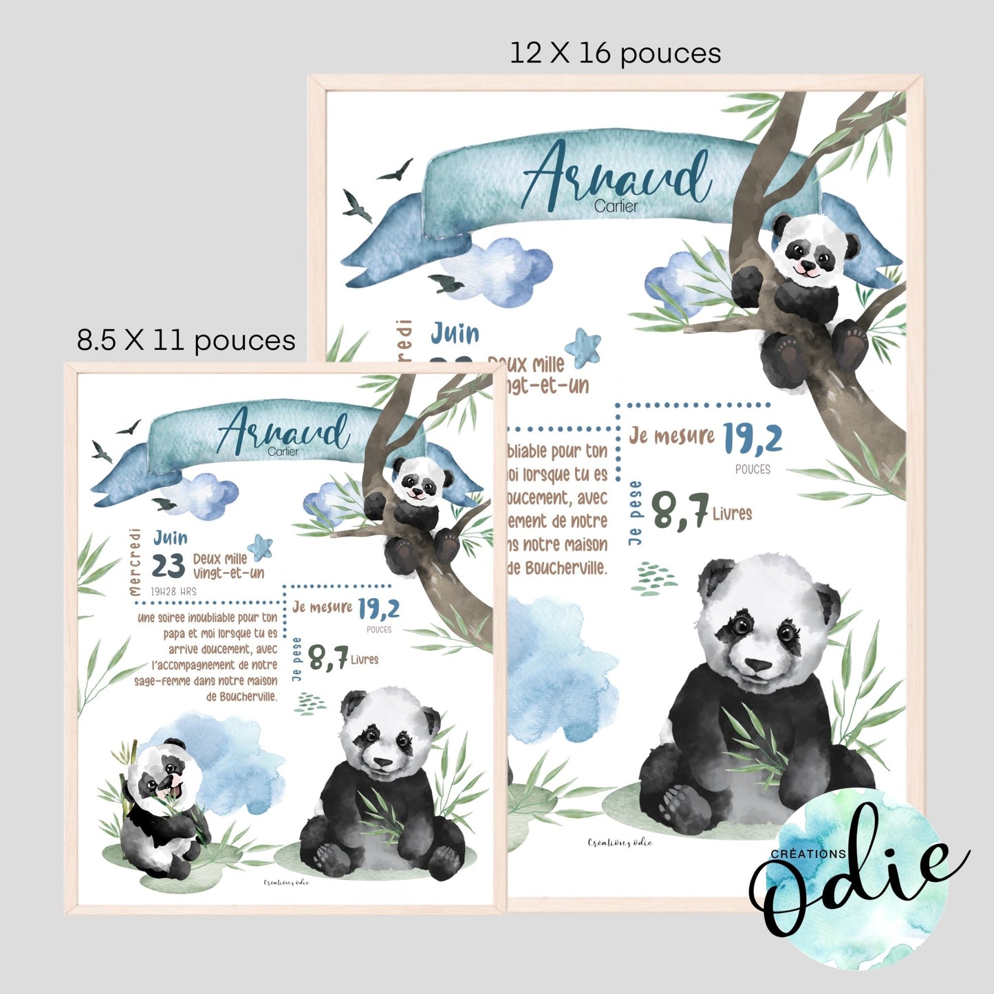 Affiche de naissance - Thème pandas - Bébés et tout-petits - Créations Odie