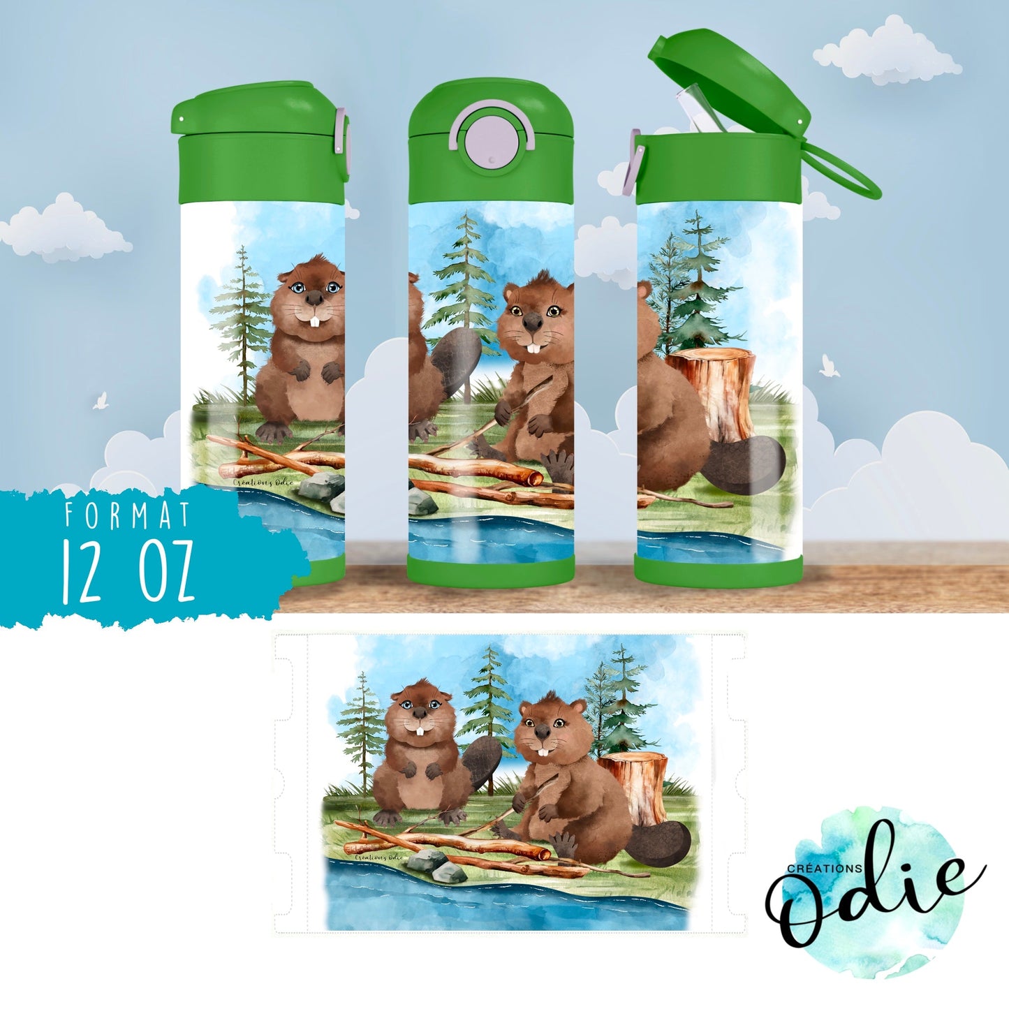 Gourde thermos - Les 2 petits castors - Verre isotherme - Créations Odie