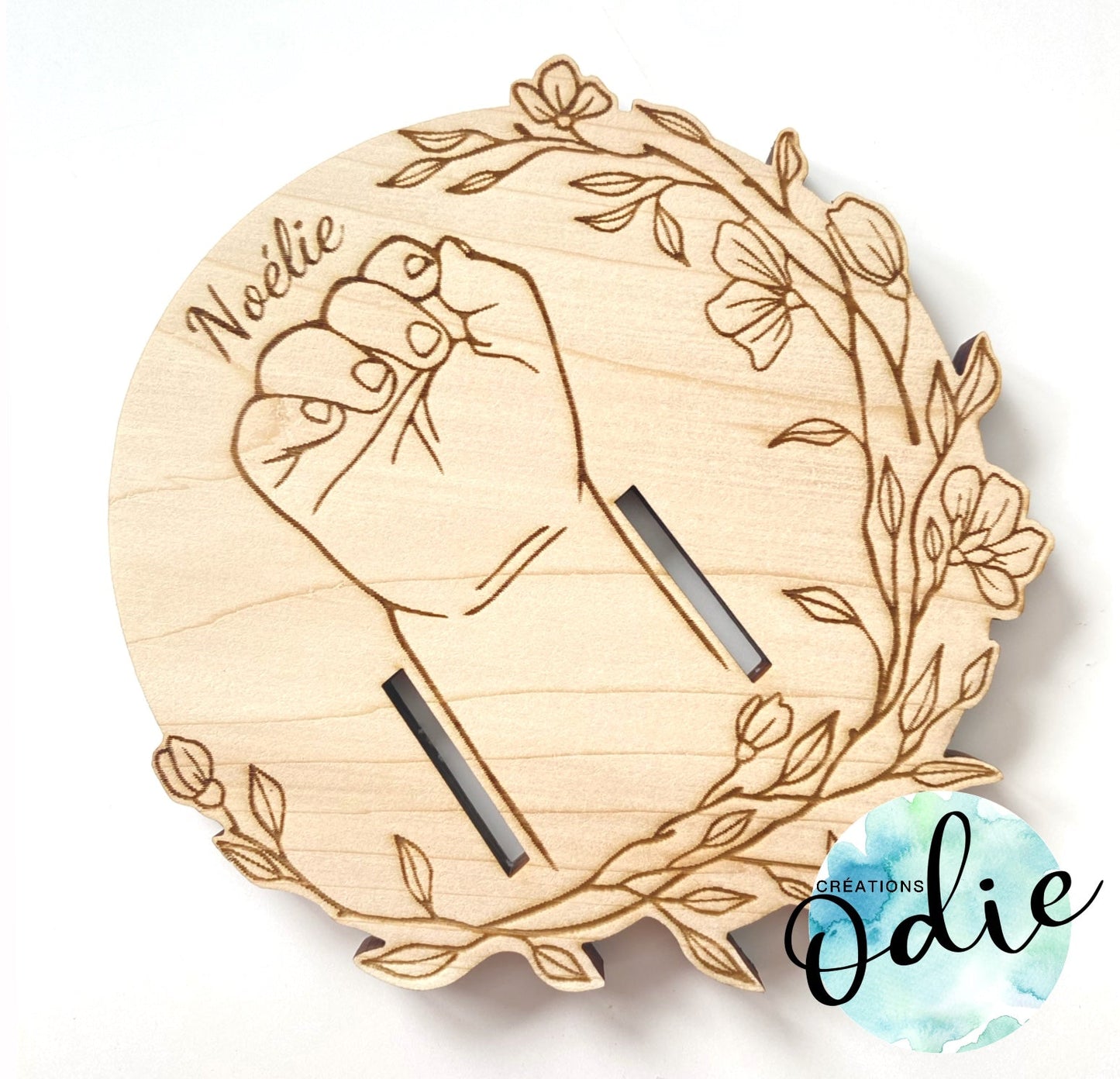 Porte-bracelet de naissance - Motif fleural - Affichette ne pas toucher - Créations Odie
