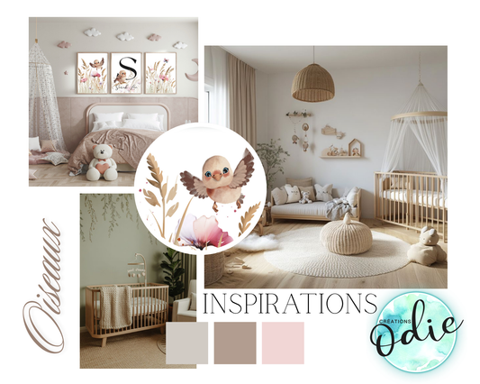 affiche oiseaux et fleurs chambre enfant décoration douce personnalisée