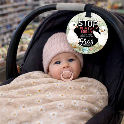 Affichette “Ne pas toucher bébé” – Poussette & siège auto (coquille) – Les petites oies