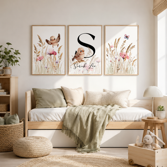 Affiches chambre enfant - Oiseaux et fleurs