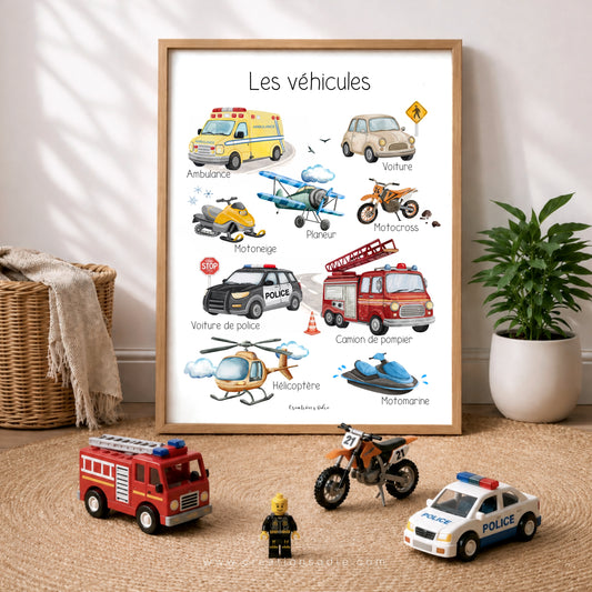 Une affiche pour enfant illustrée avec des véhicules préférés, ambulance, police, pompier, motocross