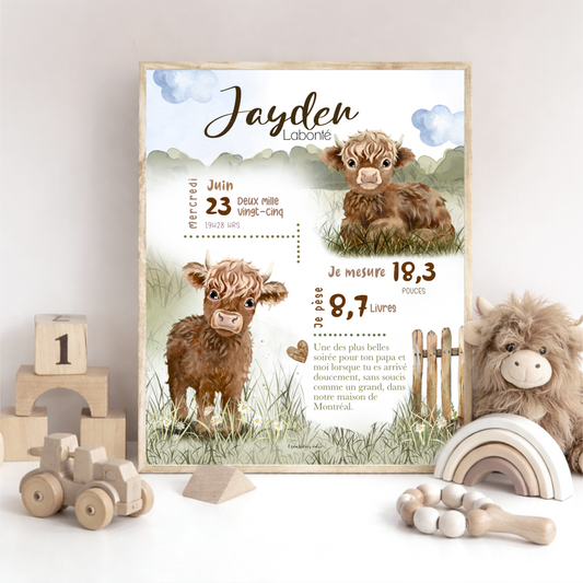 Affiche de naissance - Les vaches highland