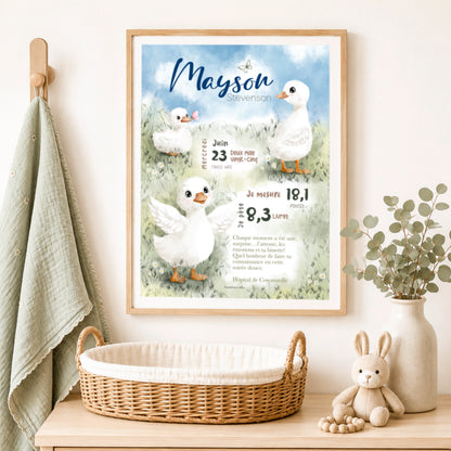 Une affiche de naissance personnalisée encadrer dans une chambre de bébé.