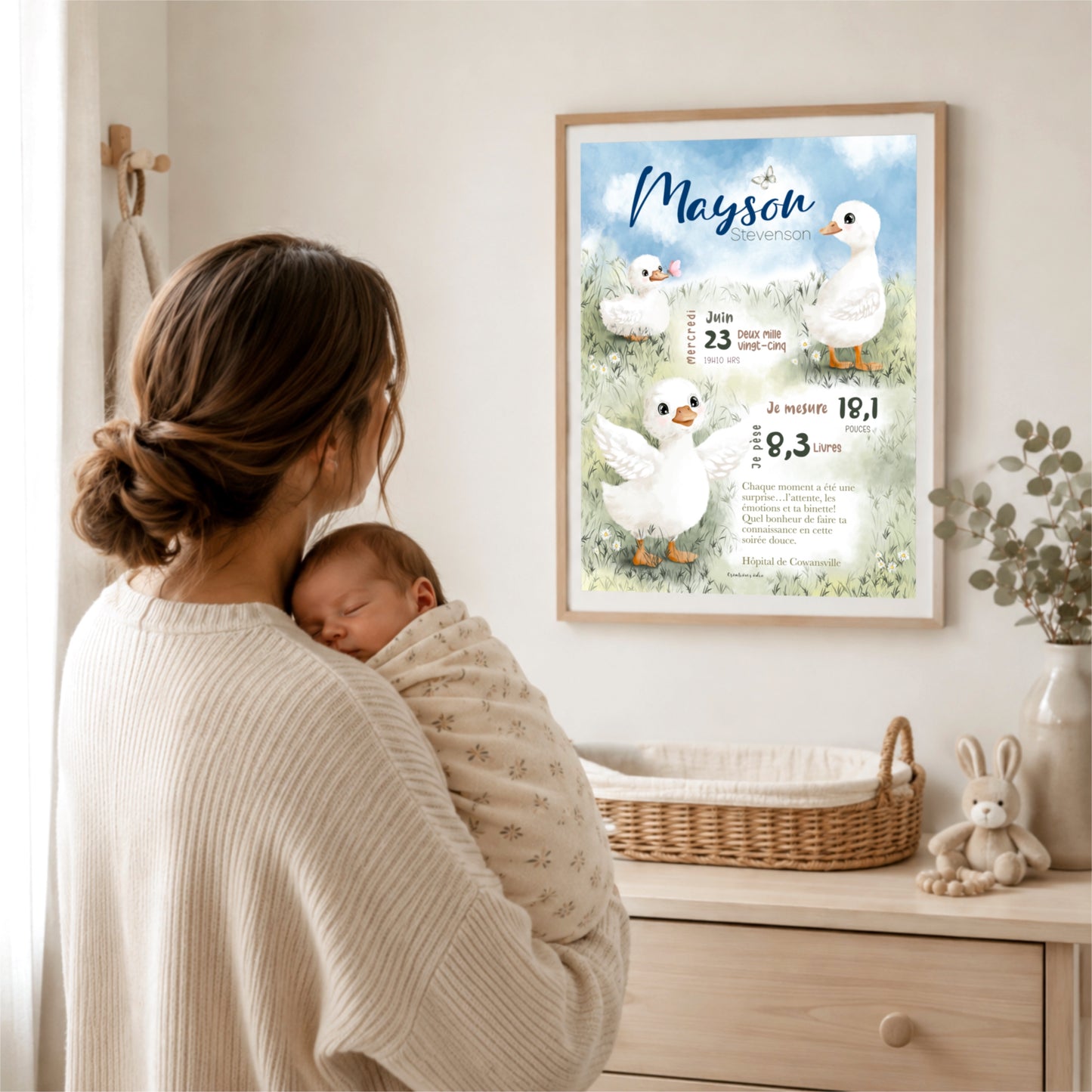 Une maman qui tient son petit bébé naissant dans ses bras regardant une affiche de naissance personnalisée encadrée dans la chambre de bébé.