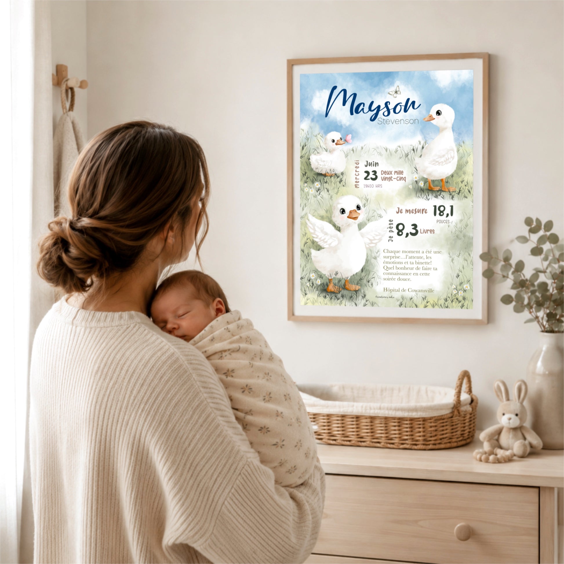 Une maman qui tient son petit bébé naissant dans ses bras regardant une affiche de naissance personnalisée encadrée dans la chambre de bébé.
