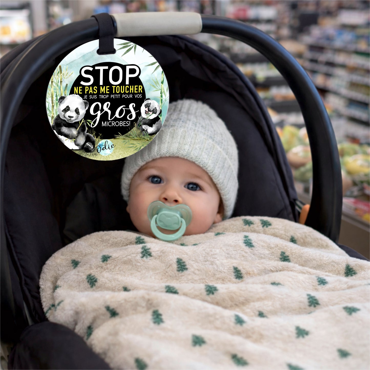 Affichette “Ne pas toucher bébé” – Poussette & siège auto (coquille) – Les petits pandas