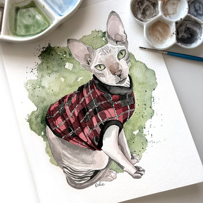 Portrait personnalisé de chat Sphinx à l’aquarelle réalisé à partir de photos