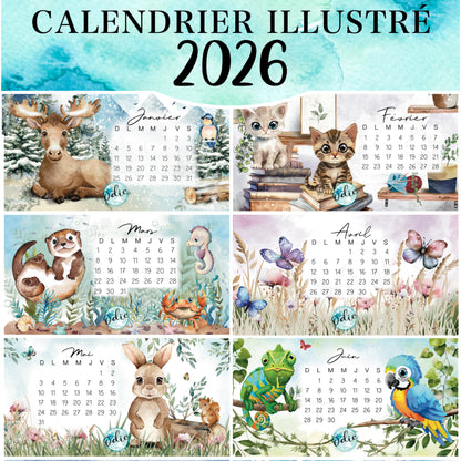 Calendrier illustré 2026 – visuel des 6 premiers mois du calendrier mural fait main, illustrations mensuelles colorées et base en bois