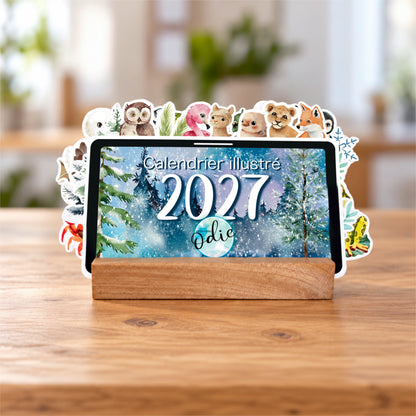 Calendrier de bureau 2027 illustré avec support en bois | Fait au Québec