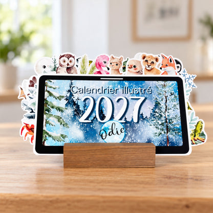 Calendrier de bureau 2027 illustré avec support en bois | Fait au Québec