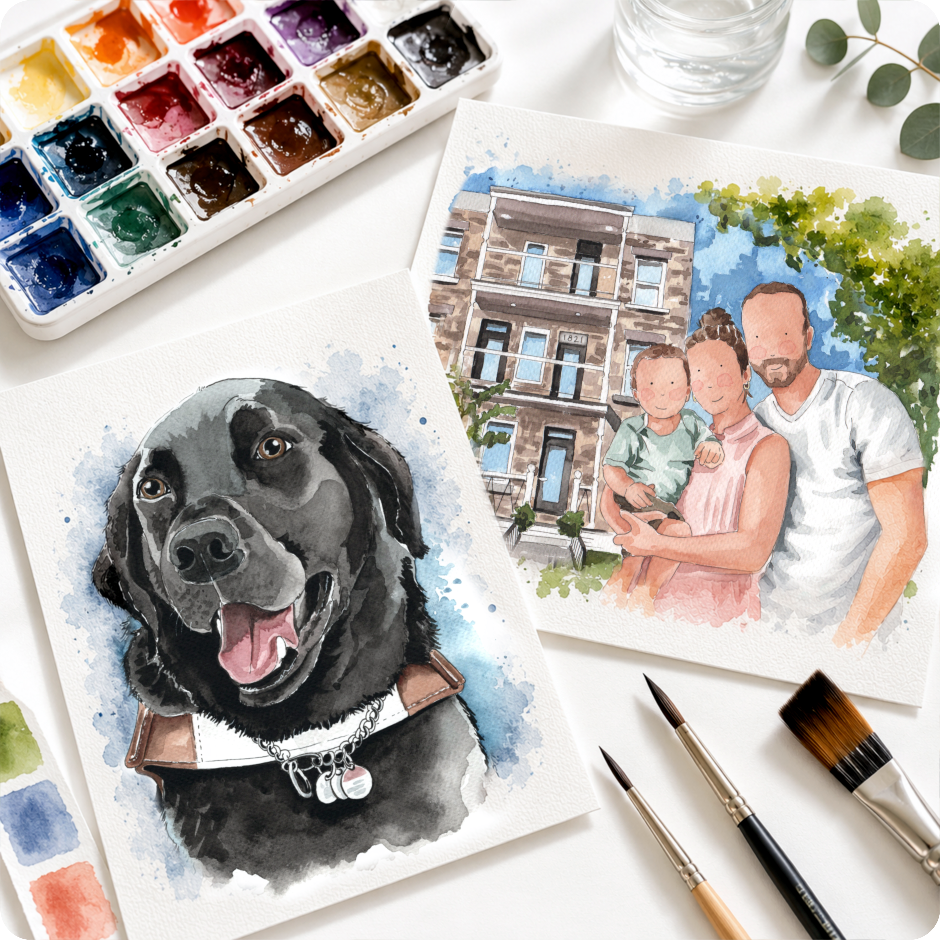 Portraits aquarelle personnalisés de famille et d'animaux peint à la main