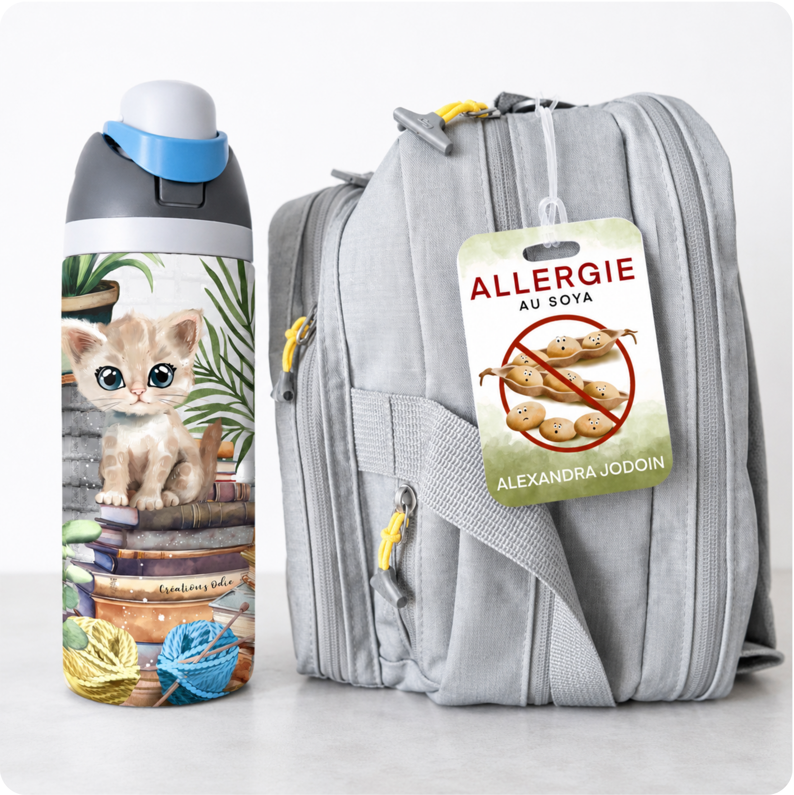 Étiquettes allergies et gourdes personnalisées pour la garderie et l'école
