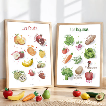 Deux cadres déposés avec des illustrations de fruits et légumes pour l'apprentissage des enfants. 