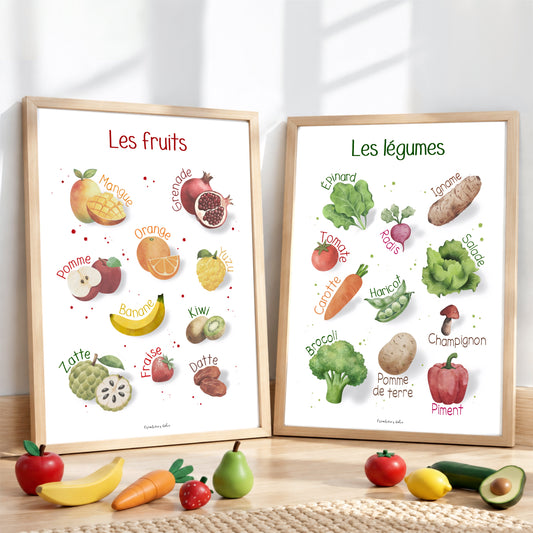 Deux cadres déposés avec des illustrations de fruits et légumes pour l'apprentissage des enfants. 