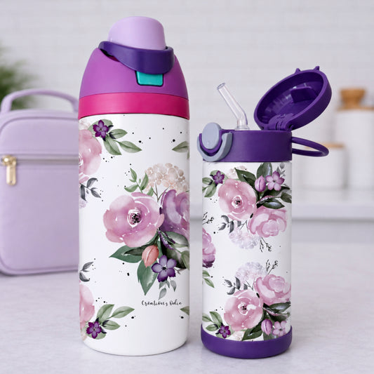 deux gourdes dont une de 24 oz et une de 12 oz avec une thématique de fleurs mauves
