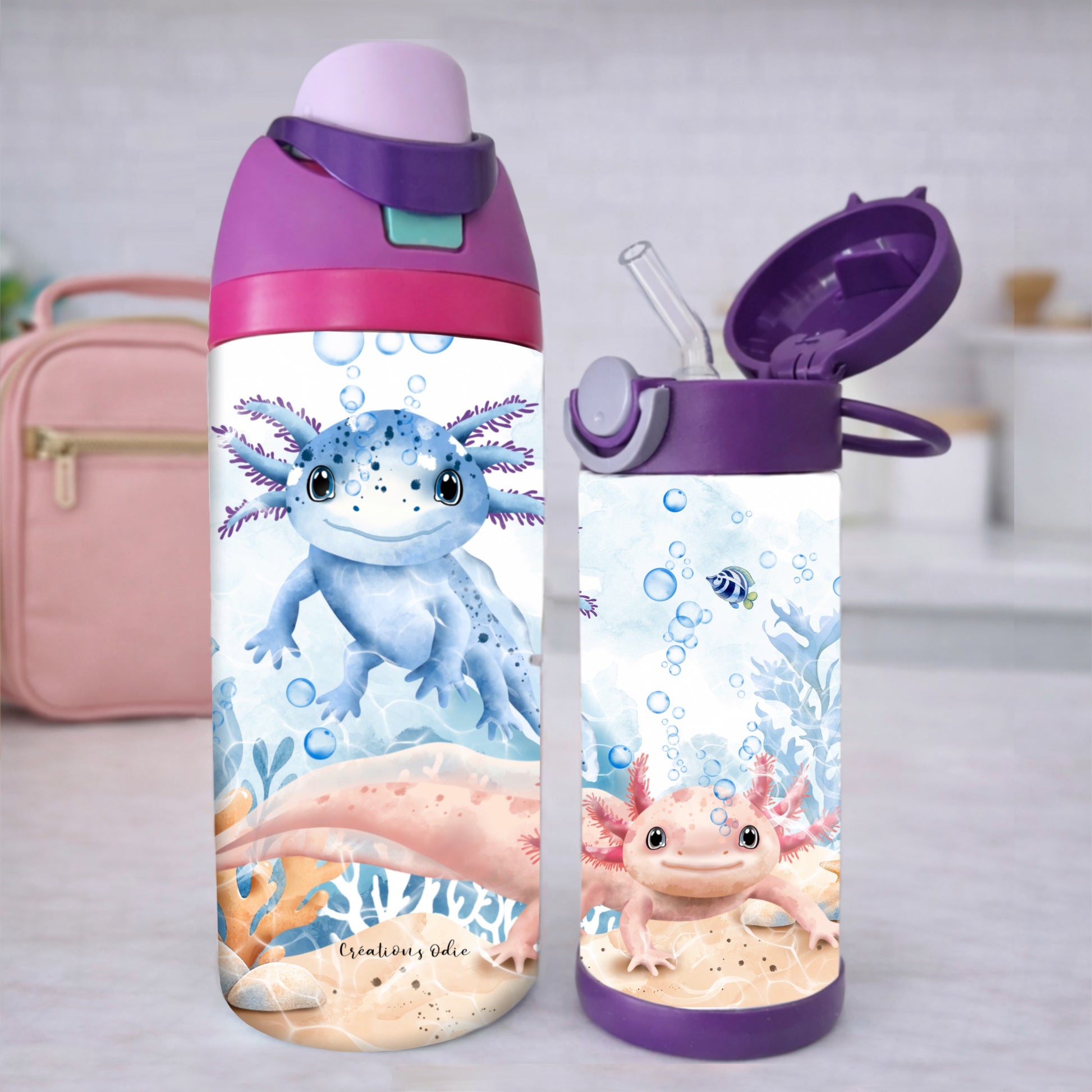Deux gourdes de grandeur différentes avec deux petits axolotls 