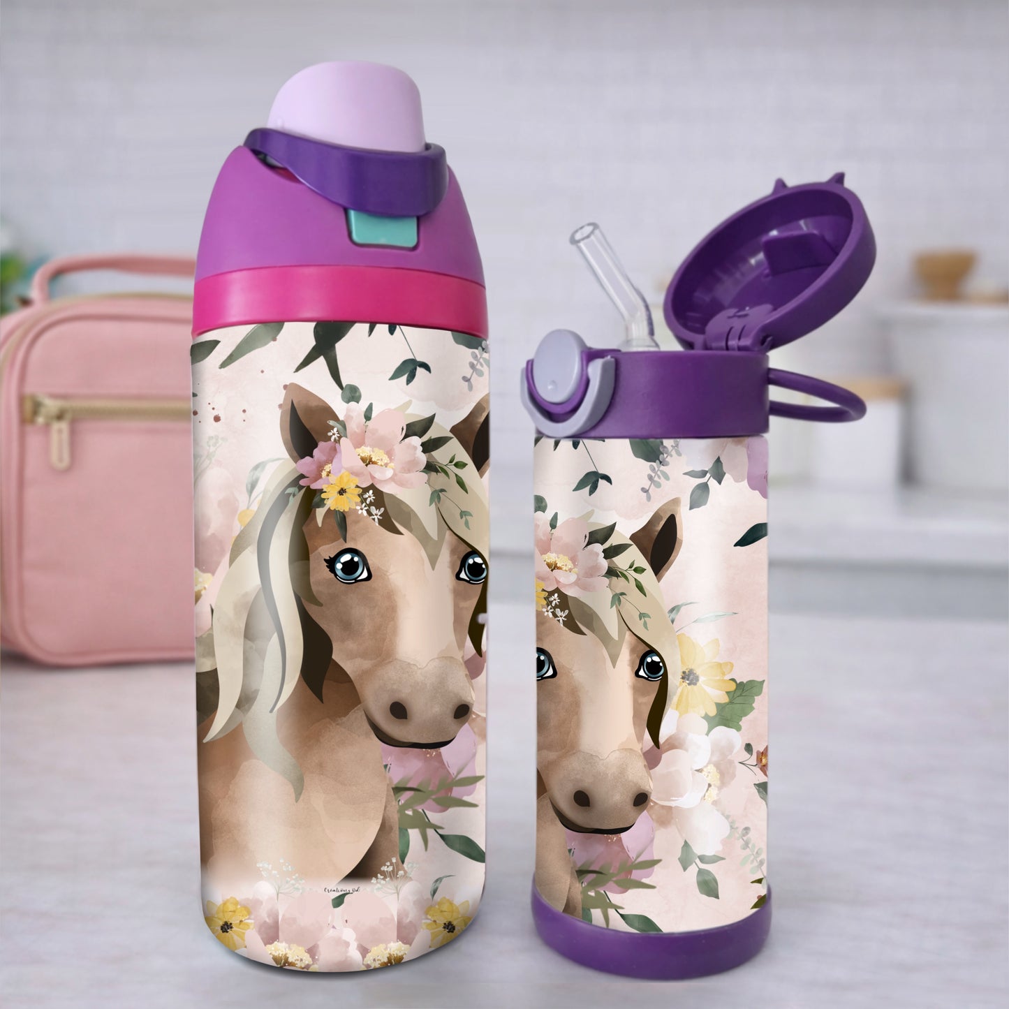 Gourde thermos - Cheval et fleurs