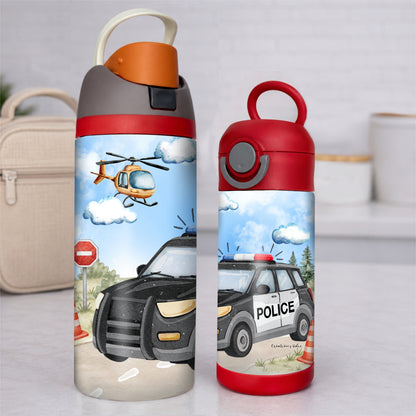 Deux formats de gourdes pour enfants dans les couleurs de rouge et bleu, police