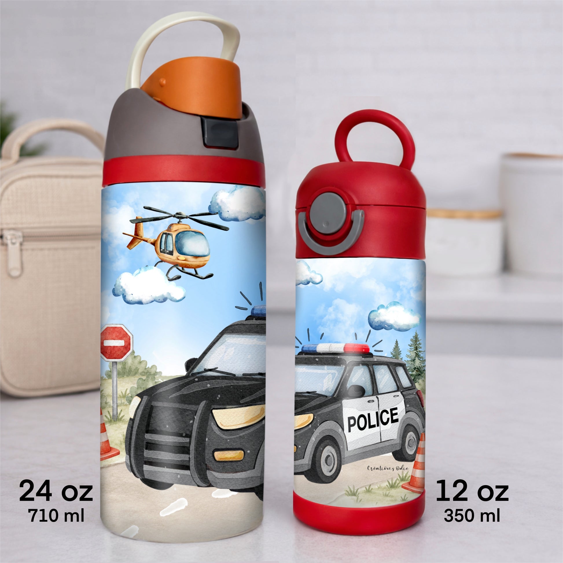 Une gourde thermos personnalisable pour enfant avec une thématique de police
