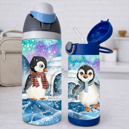 deux gourdes pour enfants avec des pingouins en hiver