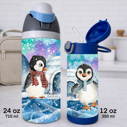 Gourdes isothermes pour enfants avec des pingouins en hiver personnaliser avec un prénom