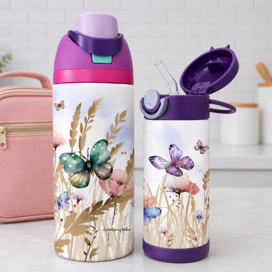 Gourde thermos thème fleurs et papillons personnalisables