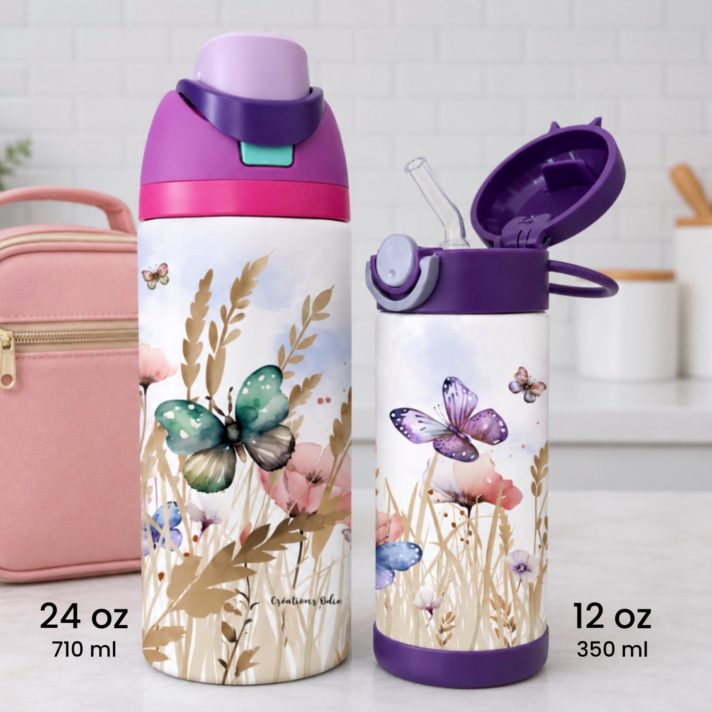 Gourde thermos thème fleurs et papillons prenoms enfants