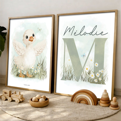 Affiches personnalisées pour enfant avec oie blanche et marguerites, décoration douce pour chambre de bébé avec prénom et initiale