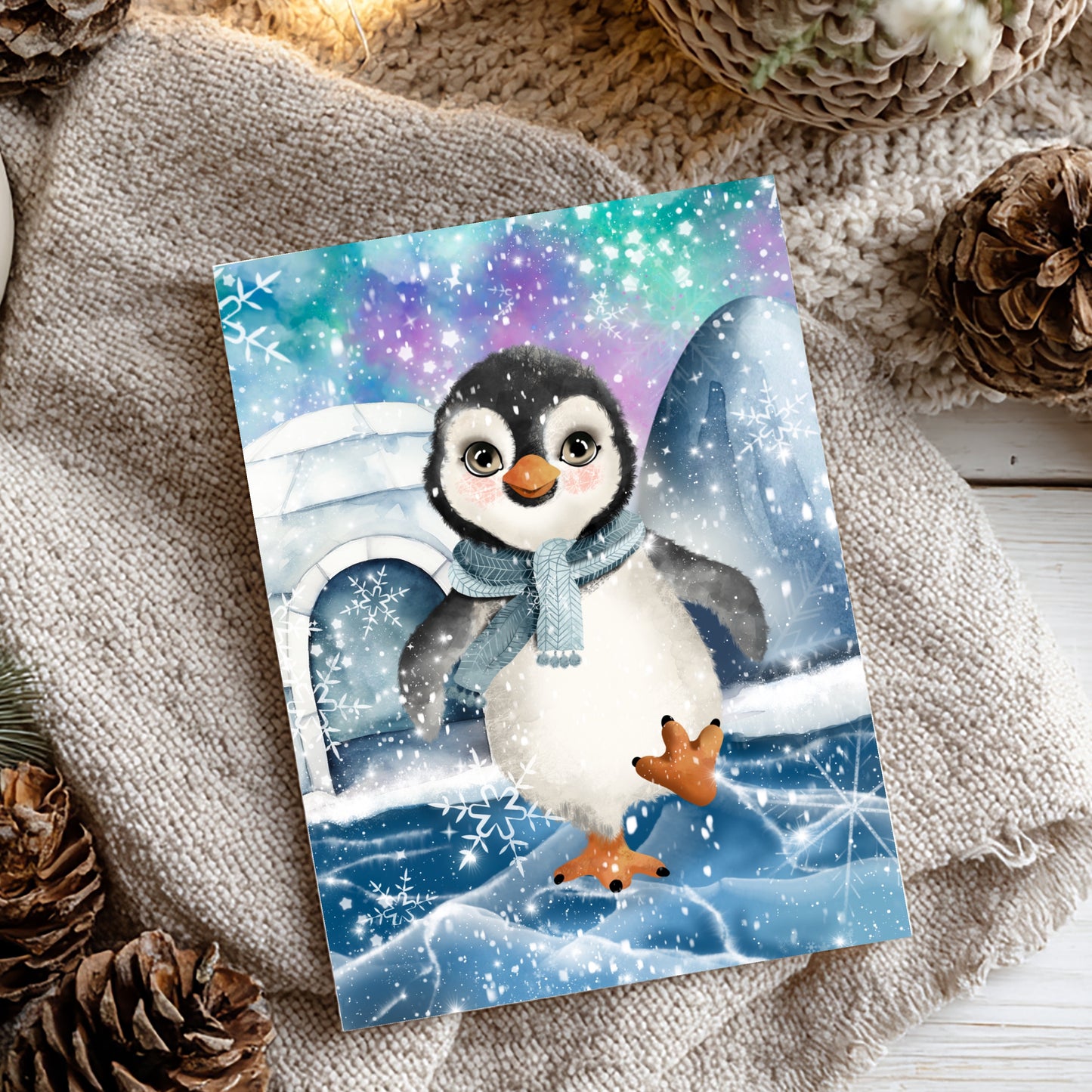 Carte - Pingouin au foulard bleu