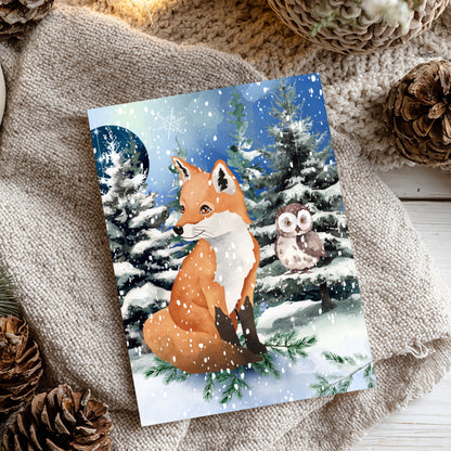 Carte - Renards dans un paysage d'hiver avec un hibou