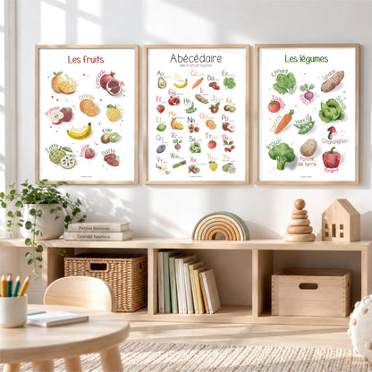 Un ensemble de trois affiches des fruits et légumes avec l'abécédaire des fruits et légumes en francais pour enfant.