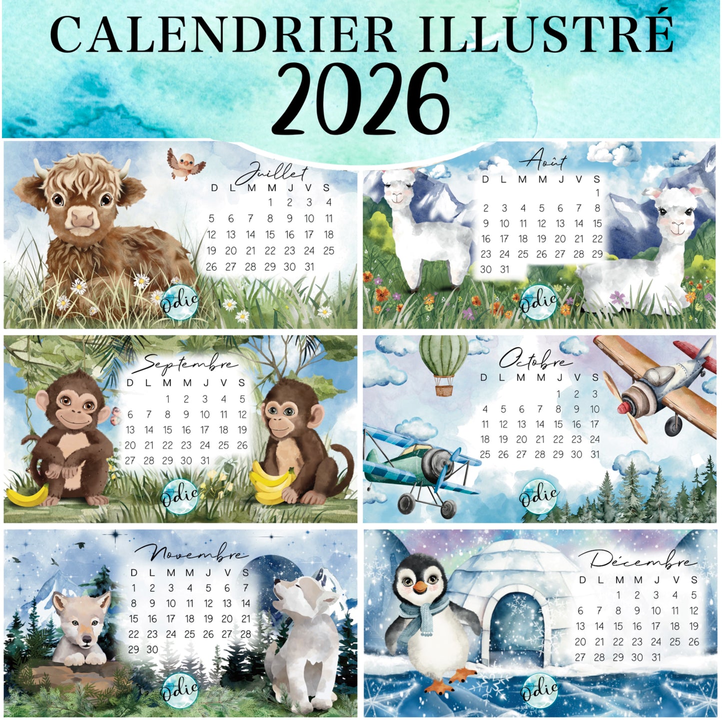 Ensemble des derniers mois du calendrier illustré 2026 – 12 mois faits main avec base en bois