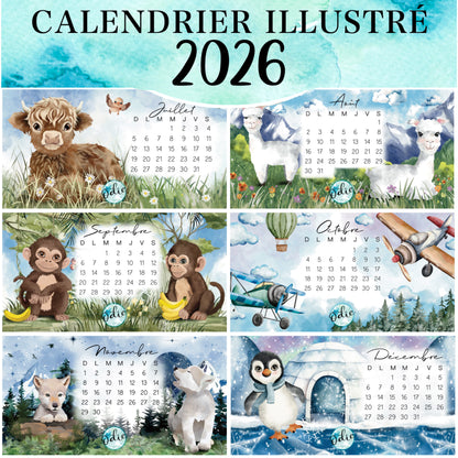 Ensemble des derniers mois du calendrier illustré 2026 – 12 mois faits main avec base en bois