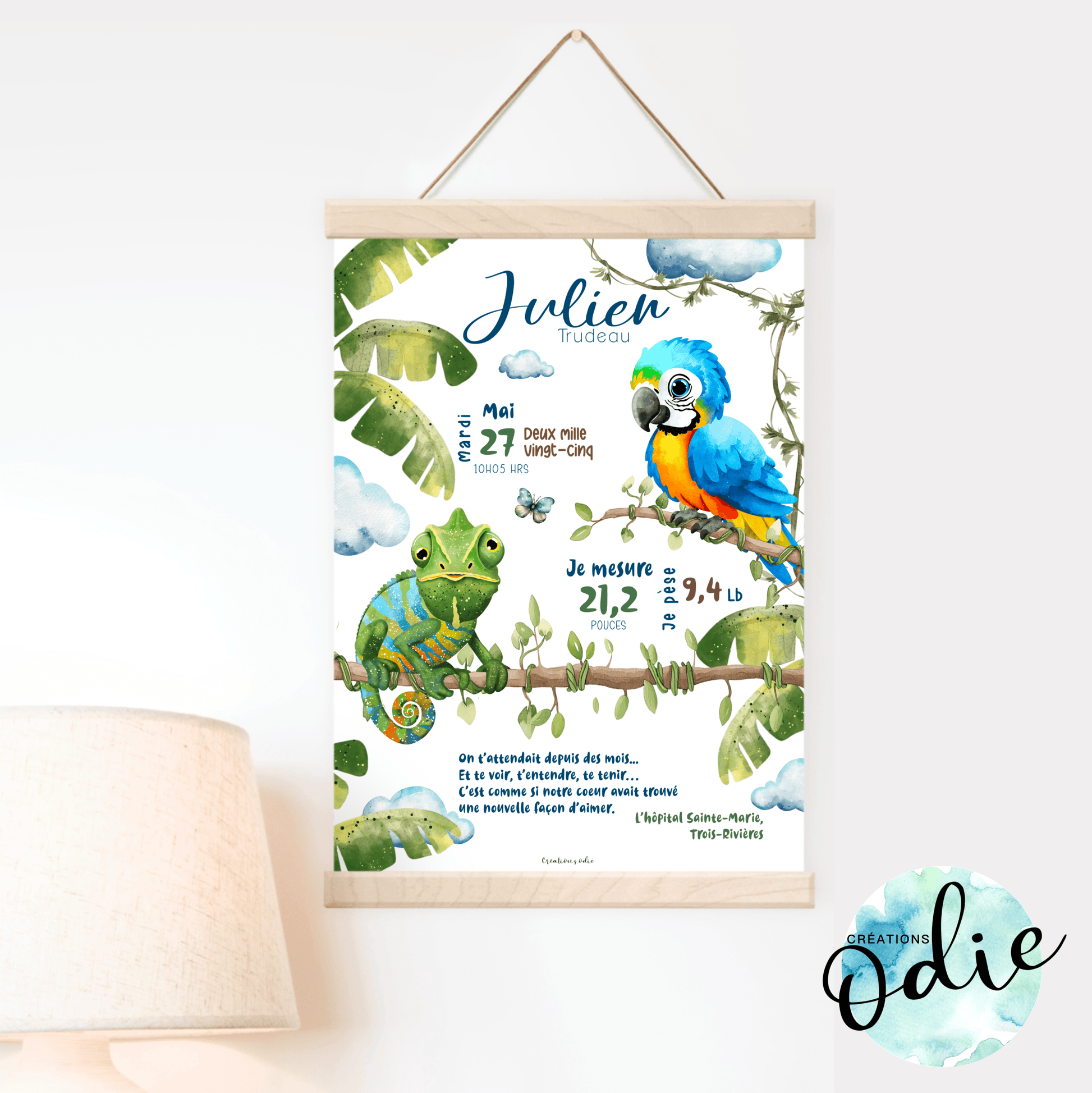 Affiche de naissance - Ara et le caméléon - Bébés et tout-petits - Créations Odie