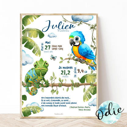 Affiche de naissance - Ara et le caméléon - Bébés et tout-petits - Créations Odie