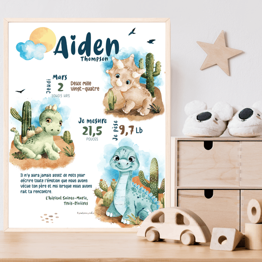 Affiche de naissance - Dinosaures cutes - Bébés et tout - petits - Créations Odie