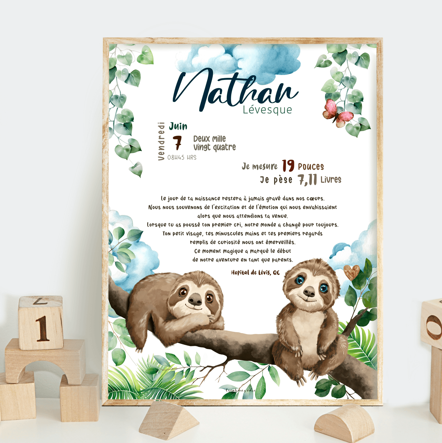 Affiche de naissance - Petit Paresseux - Bébés et tout - petits - Créations Odie