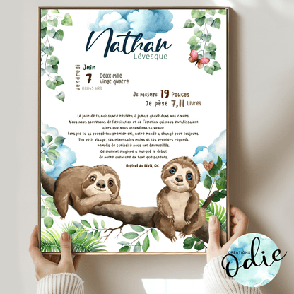 Affiche de naissance - Petit Paresseux - Bébés et tout - petits - Créations Odie