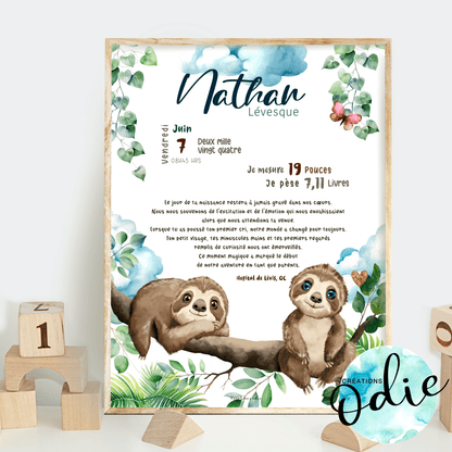 Affiche de naissance - Petit Paresseux - Bébés et tout - petits - Créations Odie