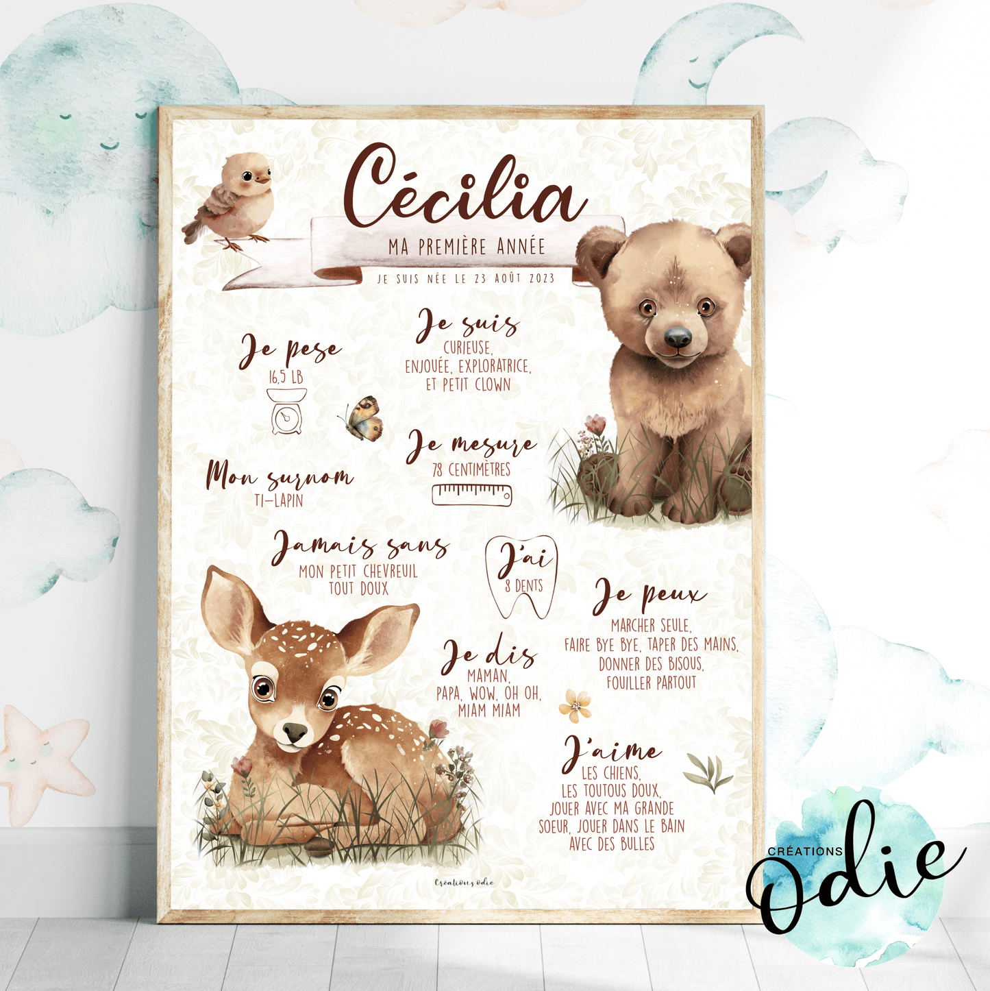 Affiche Ma première année - Les animaux de la fôret - Bébés et tout - petits - Créations Odie