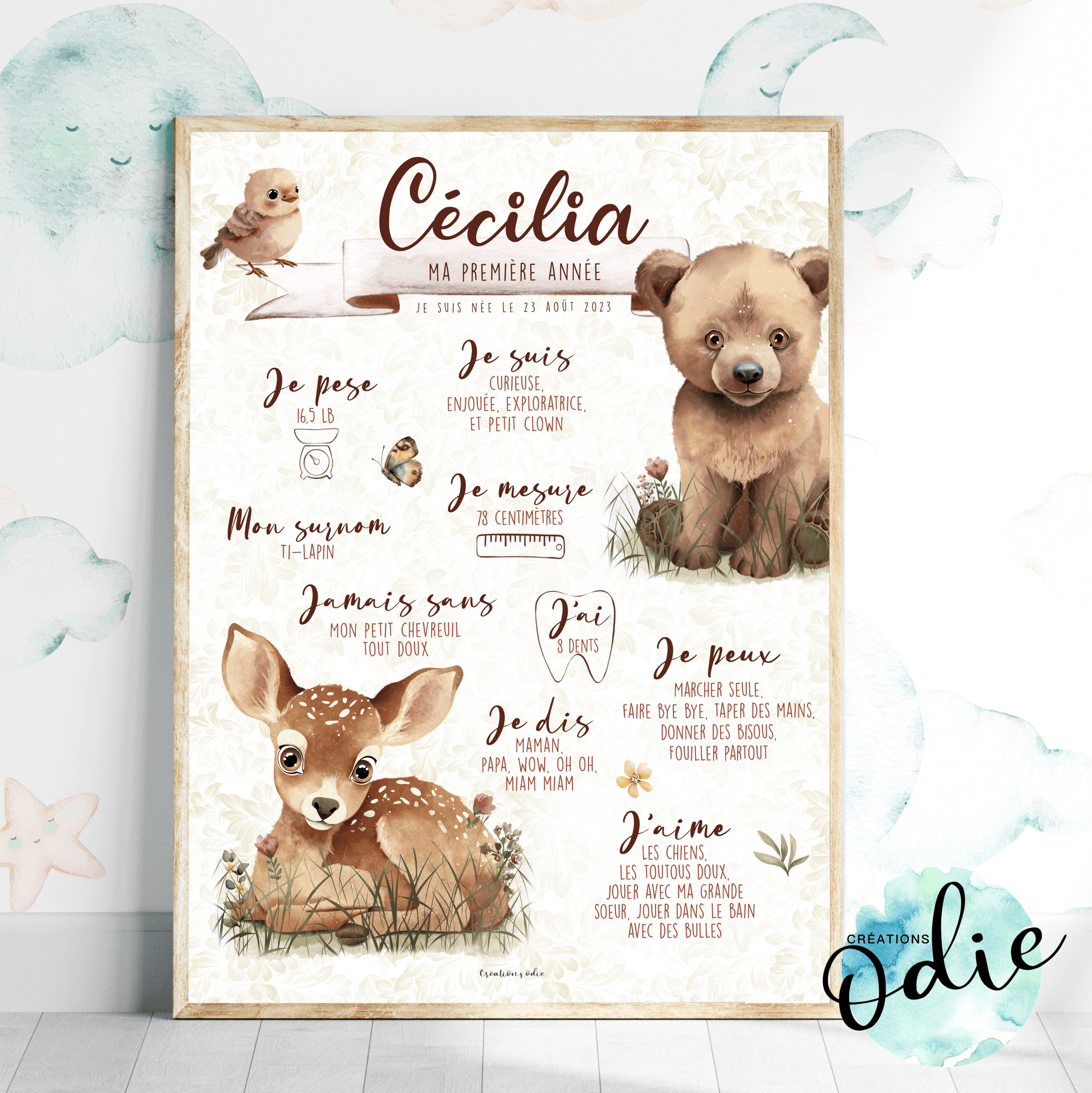 Affiche Ma première année - Les animaux de la fôret - Bébés et tout - petits - Créations Odie