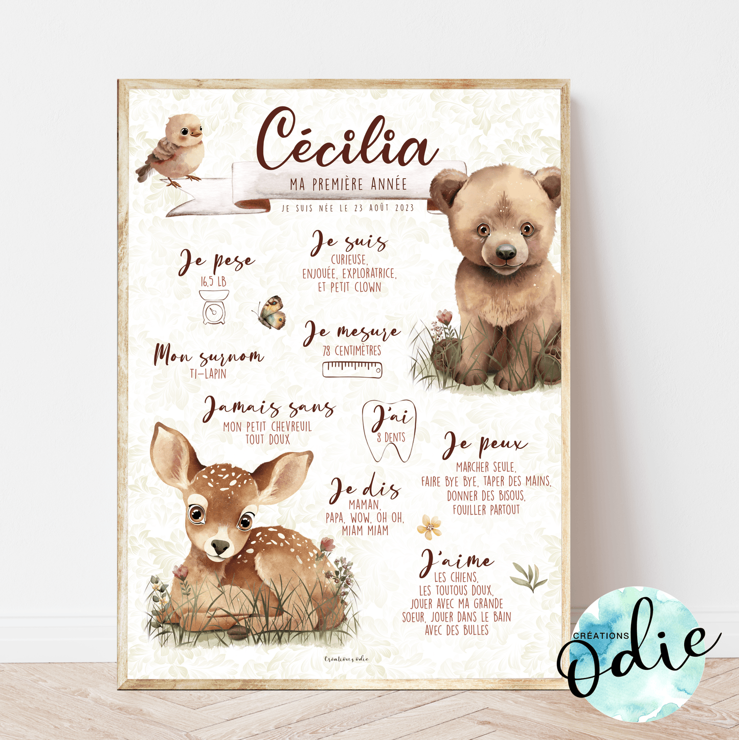 Affiche Ma première année - Les animaux de la fôret - Bébés et tout - petits - Créations Odie