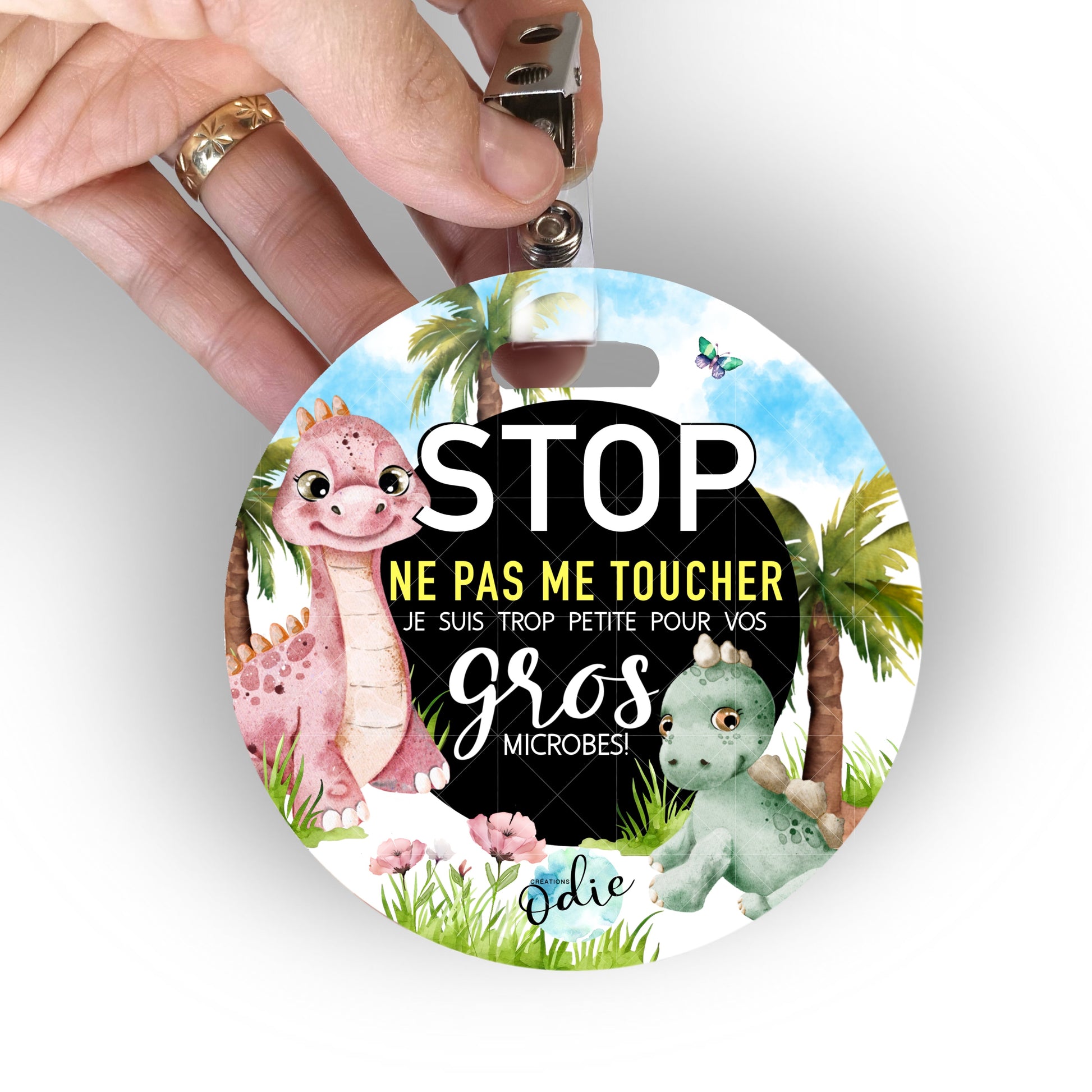 Affichette “Ne pas toucher bébé” – Poussette & siège auto (coquille) – Dinosaures adorables - Affichette ne pas toucher - Créations Odie