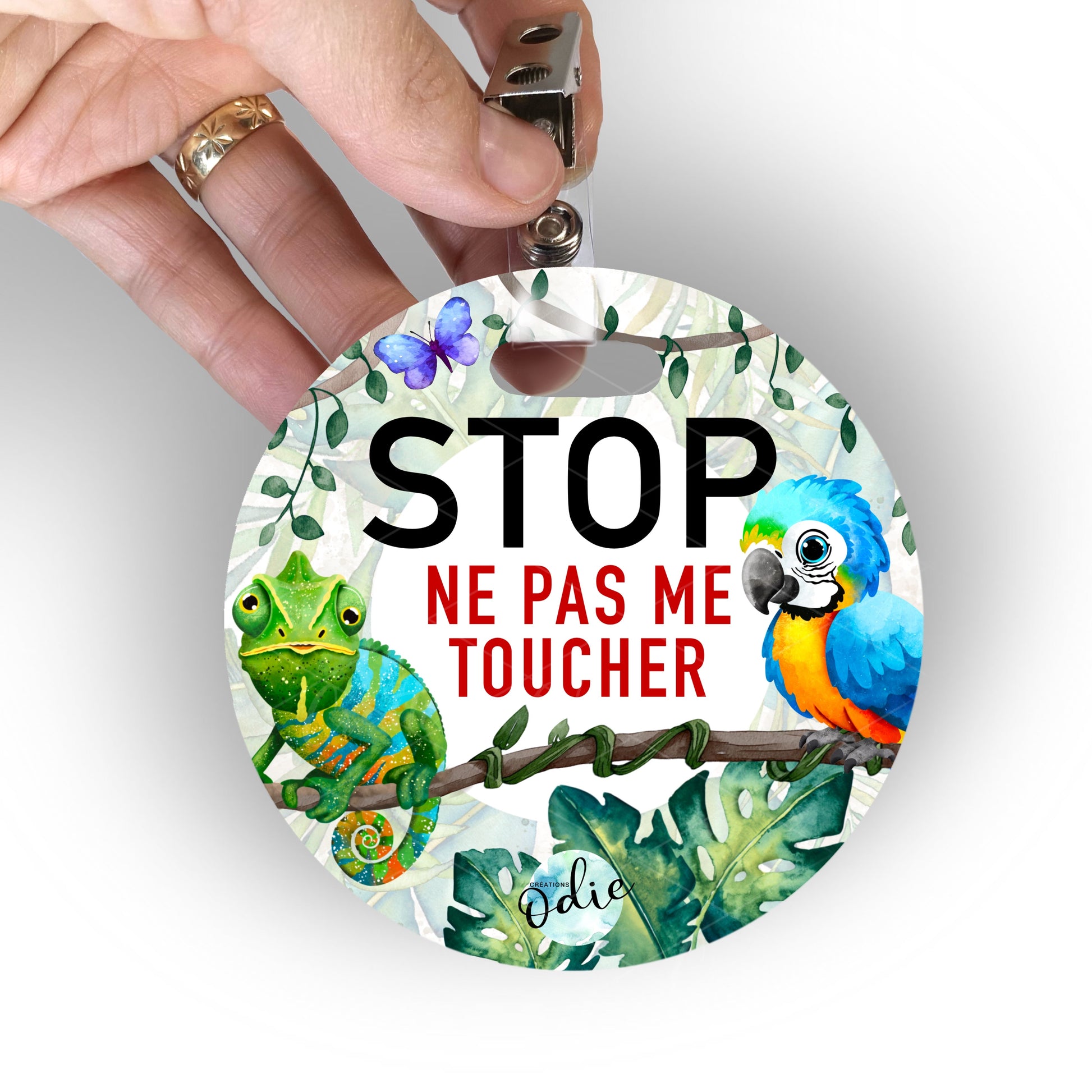 Affichette “Ne pas toucher bébé” – Poussette & siège auto (coquille) – Le perroquet Ara et le caméléon - Affichette ne pas toucher - Créations Odie