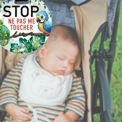 Affichette “Ne pas toucher bébé” – Poussette & siège auto (coquille) – Le perroquet Ara et le caméléon - Affichette ne pas toucher - Créations Odie